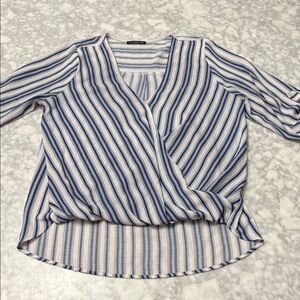 West Kei Blue and White Striped V-Neck Blouse